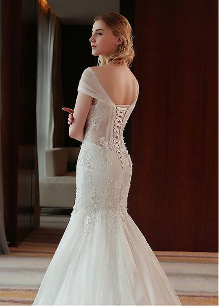 Dingji WeddingjiDress V Neck Mermaid Wedding Dresses Tulle With Lace Appliques Sweep Train