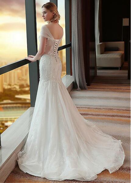 Dingji WeddingjiDress V Neck Mermaid Wedding Dresses Tulle With Lace Appliques Sweep Train
