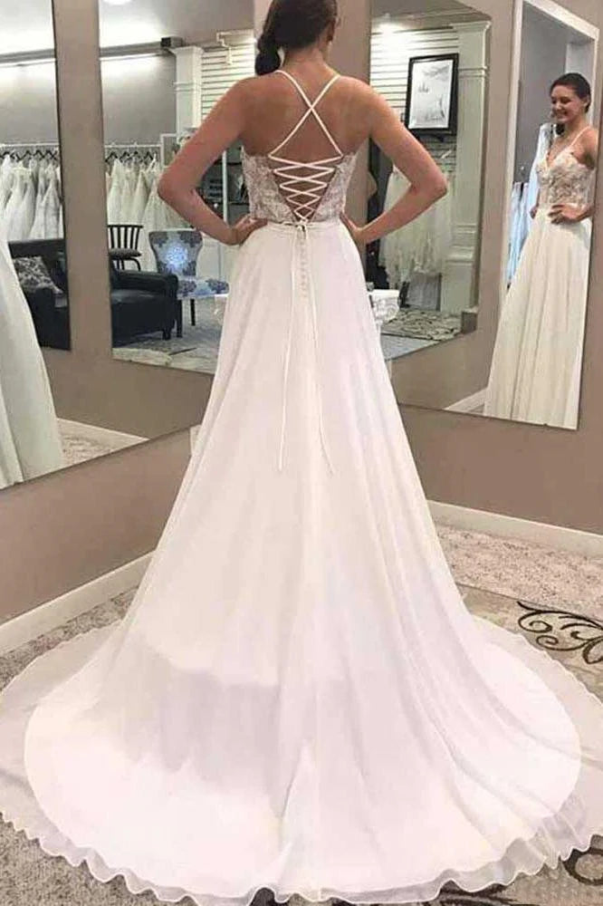 A Line V Neck Open Back Chiffon Ivory Lace Long Lace up Wedding Dresses