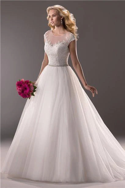 Simple White V-Neck Sleeveless Tulle Lace Beads Floor-Length Wedding Dress