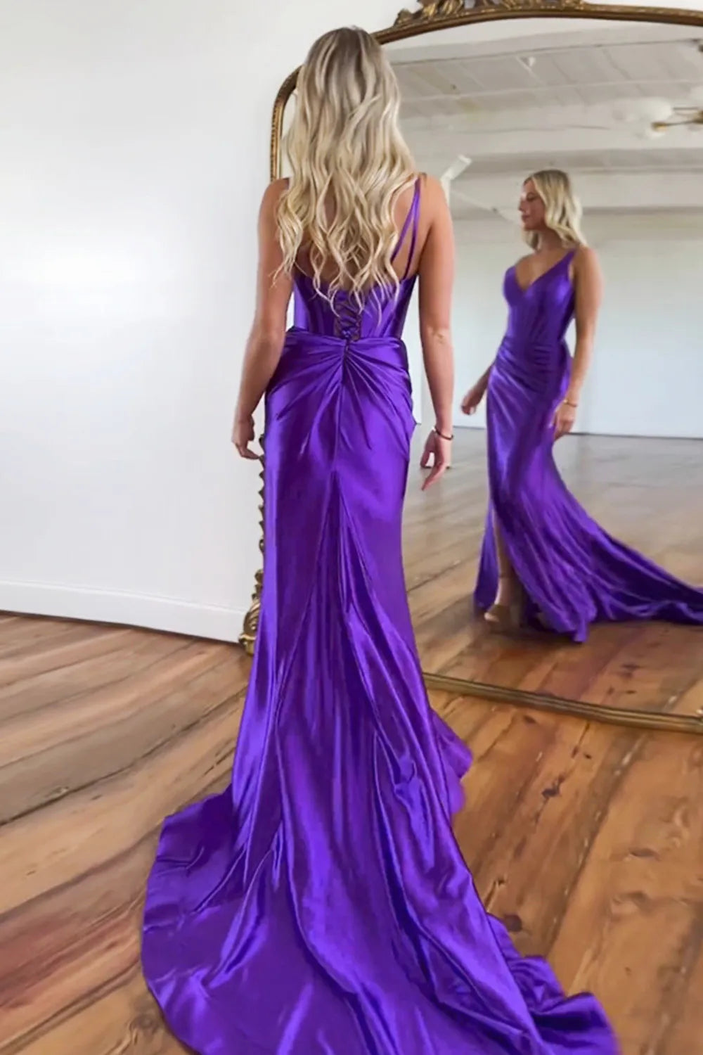 V-Neck Sweep Train Mermaid Prom Dress With Slit