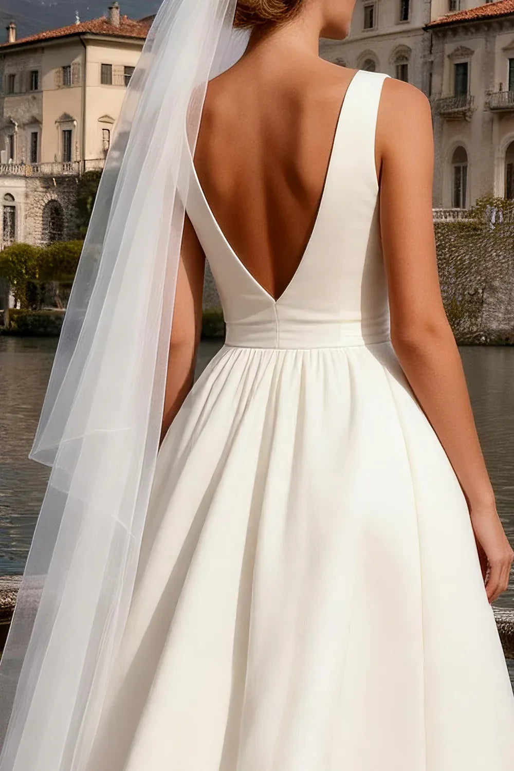 V-Neck Bow Waist Satin Ball Gown Wedding Dress with Slit