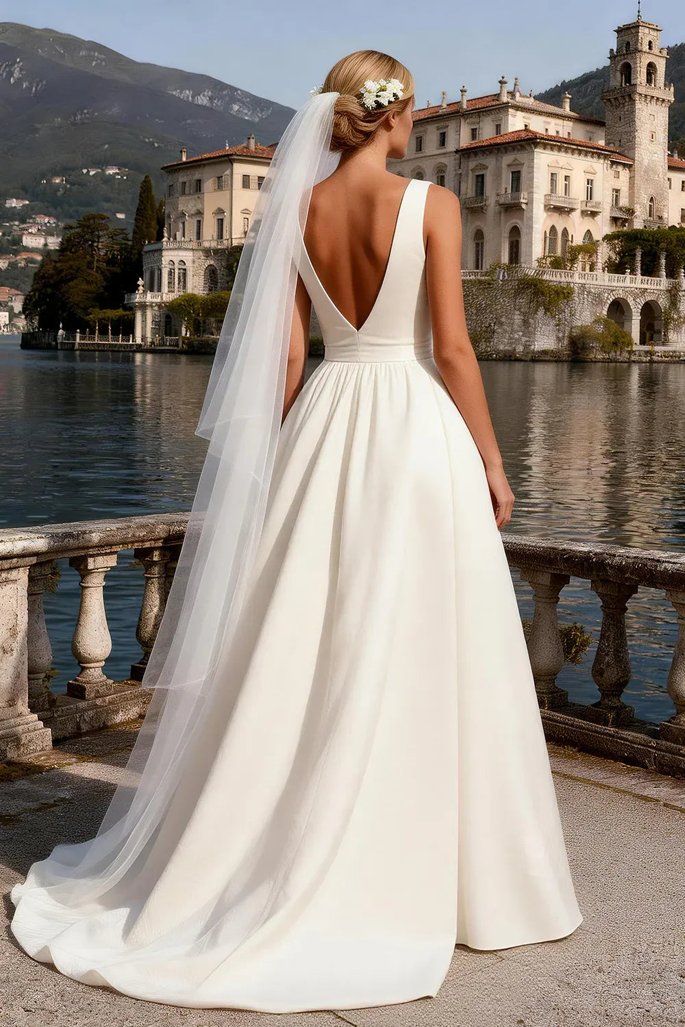 V-Neck Bow Waist Satin Ball Gown Wedding Dress with Slit