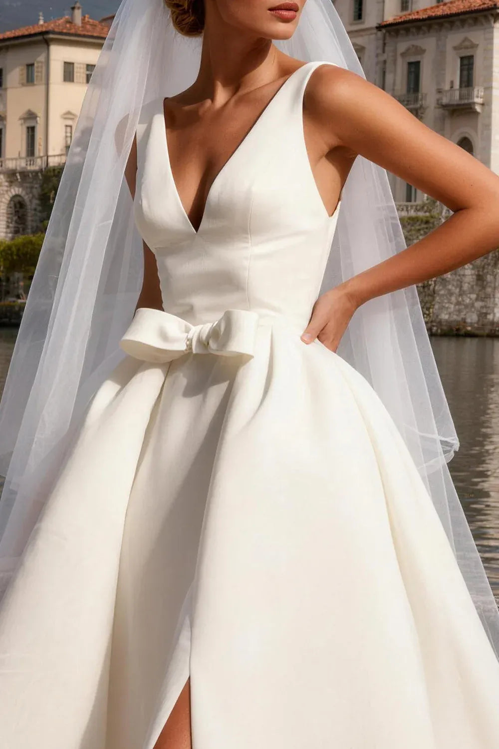V-Neck Bow Waist Satin Ball Gown Wedding Dress with Slit