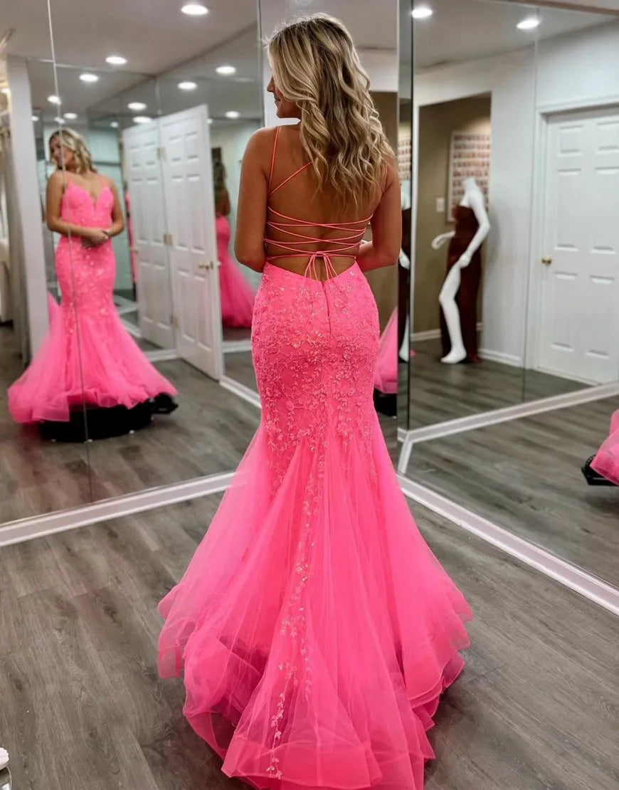 Mermaid V-Neck Corset Back Long Lace Prom Dress