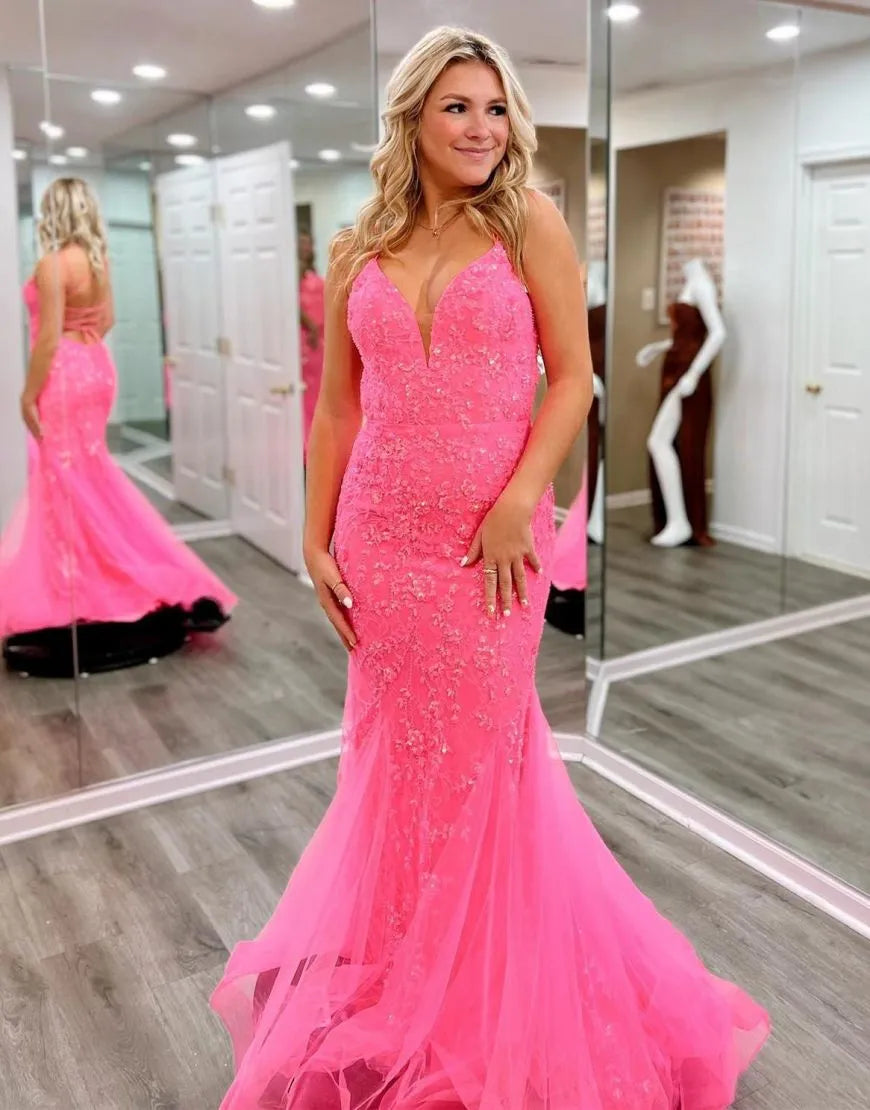 Mermaid V-Neck Corset Back Long Lace Prom Dress