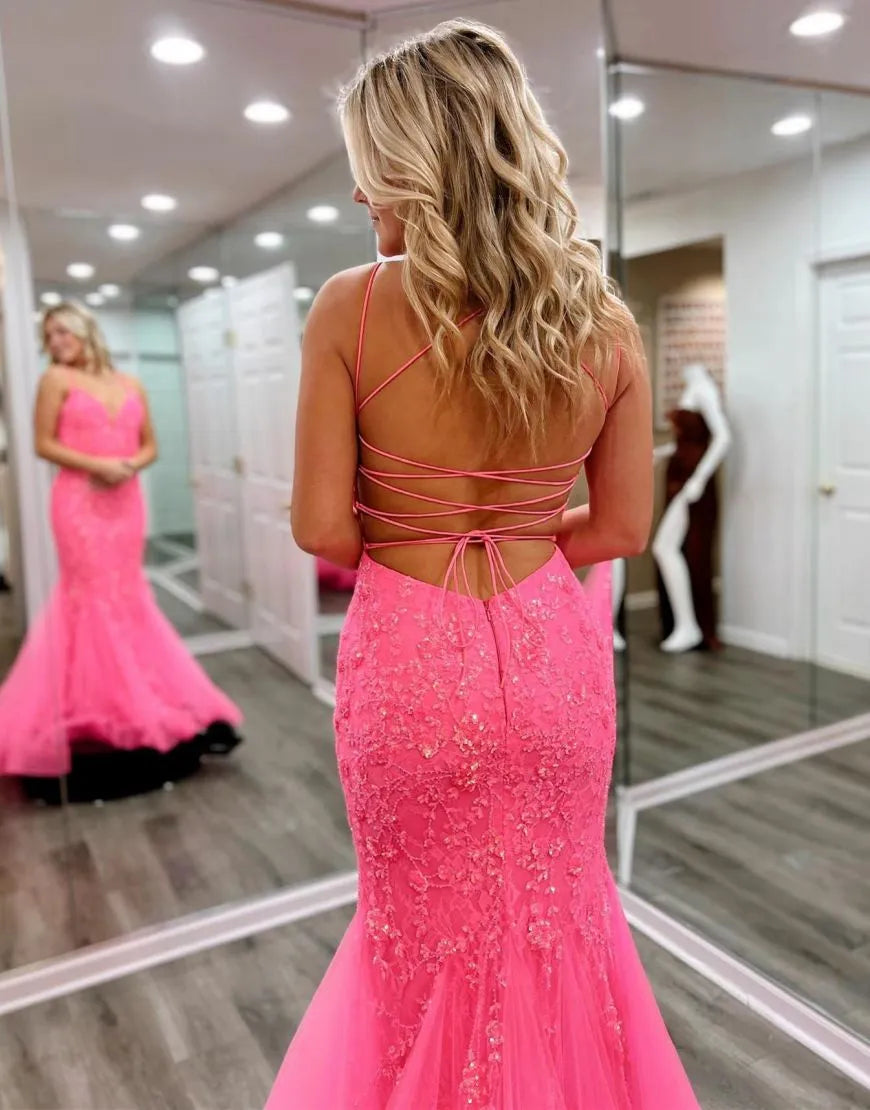 Mermaid V-Neck Corset Back Long Lace Prom Dress