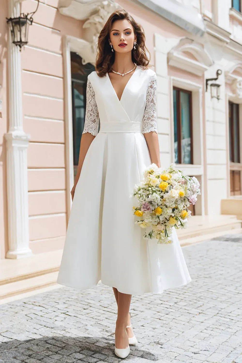 V-Neck Crepe A-Line Midi Wedding Dress with Lace Sleeves