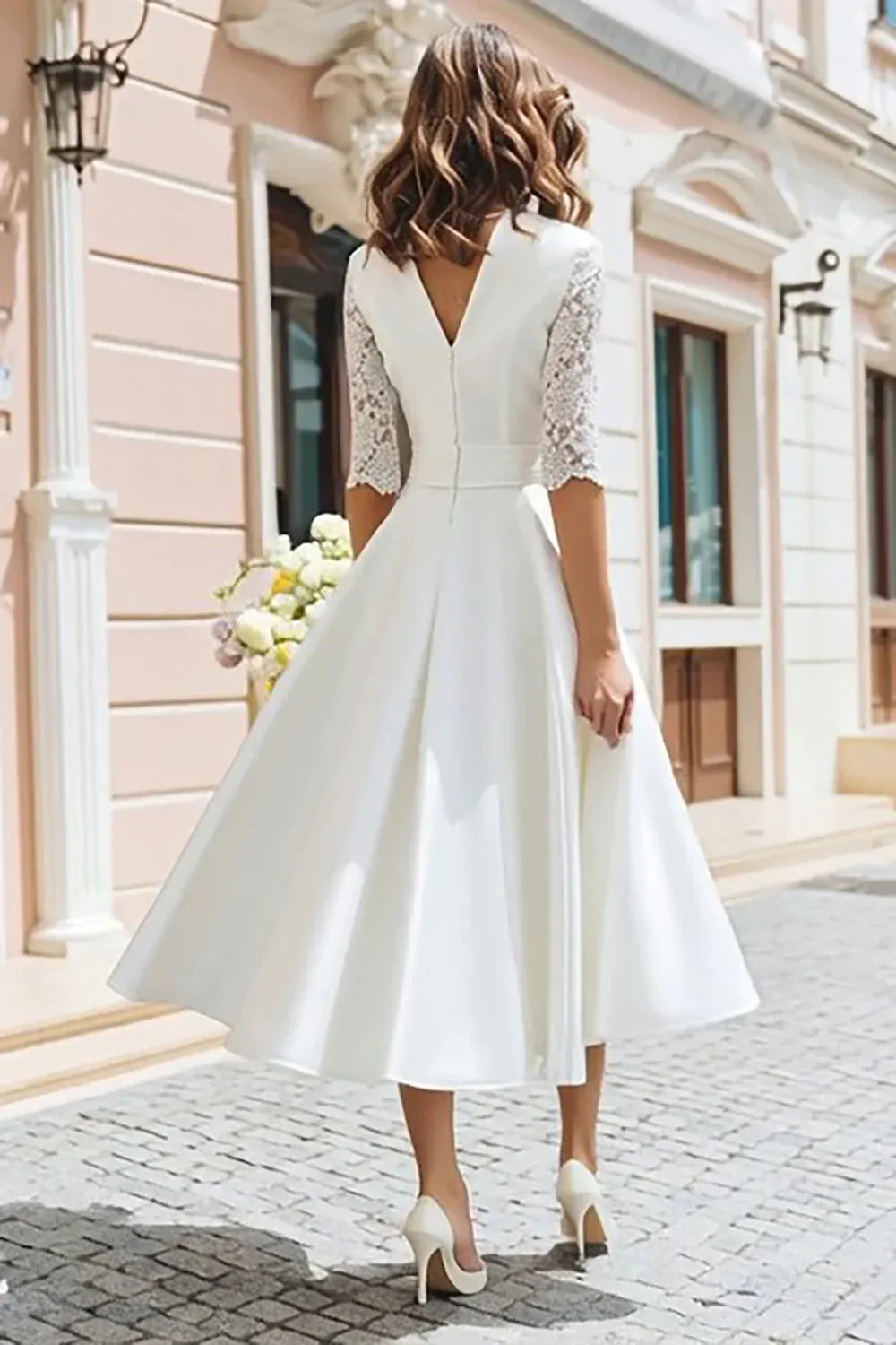 V-Neck Crepe A-Line Midi Wedding Dress with Lace Sleeves