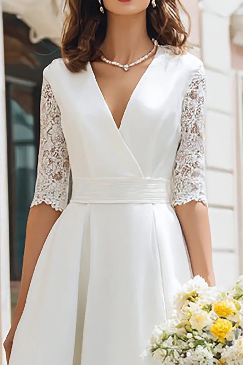 V-Neck Crepe A-Line Midi Wedding Dress with Lace Sleeves