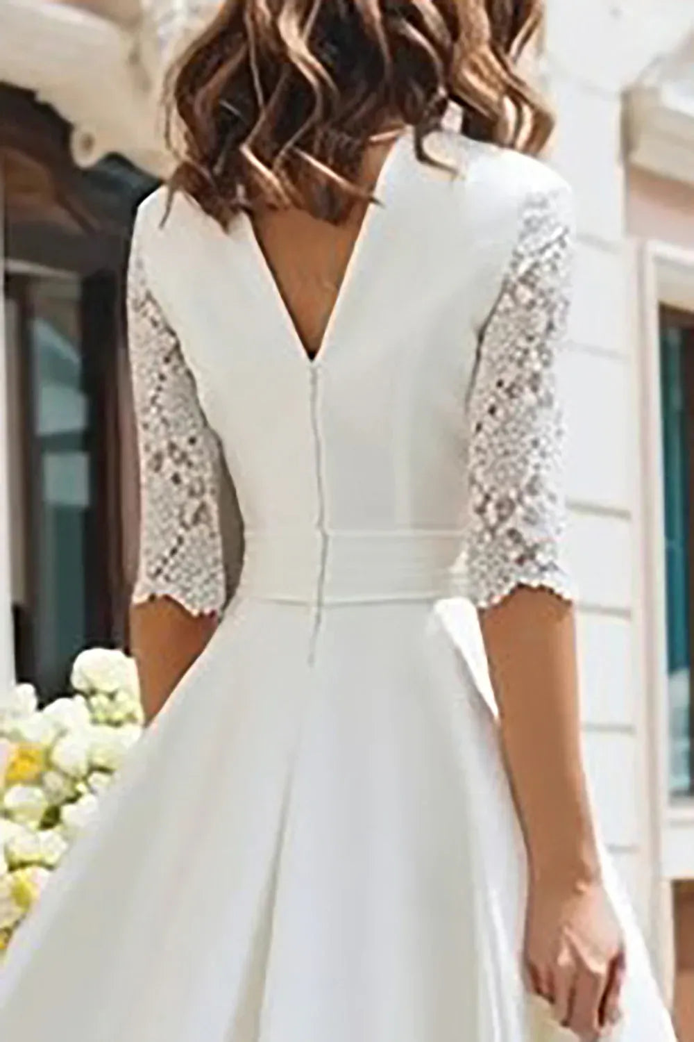 V-Neck Crepe A-Line Midi Wedding Dress with Lace Sleeves
