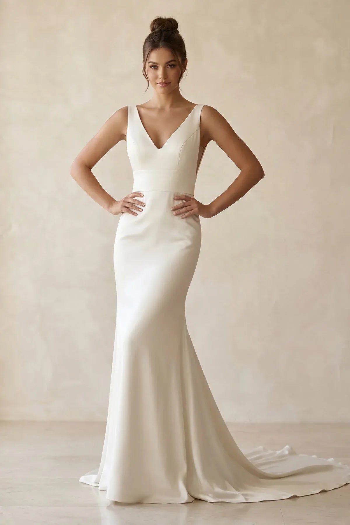 V-Neck Crepe Mermaid Wedding Dress with Button Back