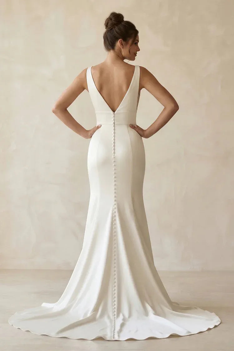 Modern V-Neck Crepe Mermaid Wedding Dress with Button Back