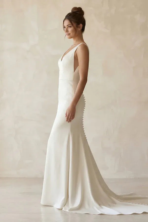 V-Neck Crepe Mermaid Wedding Dress with Button Back