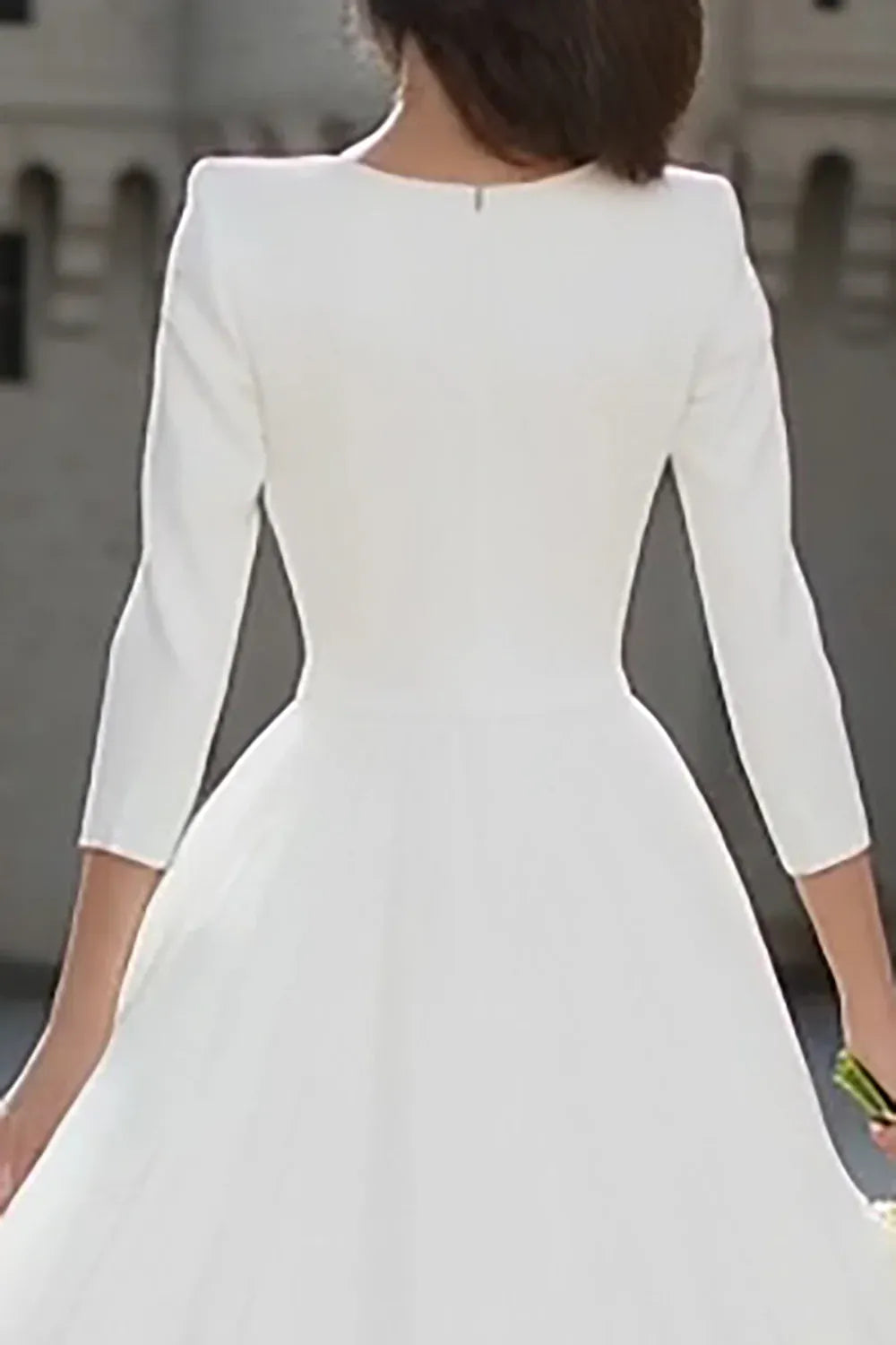 V-Neck Crepe and Tulle Tea-Length Wedding Dress with 3/4 Sleeves - Elegant Bridal Gown