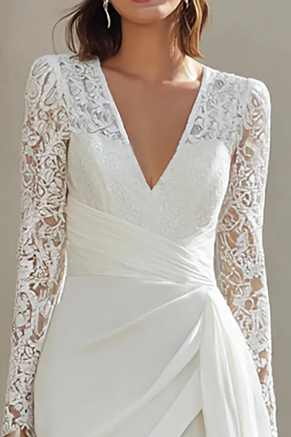 V-Neck Crepe and Tulle Tea-Length Wedding Dress with 3/4 Sleeves - Elegant Bridal Gown