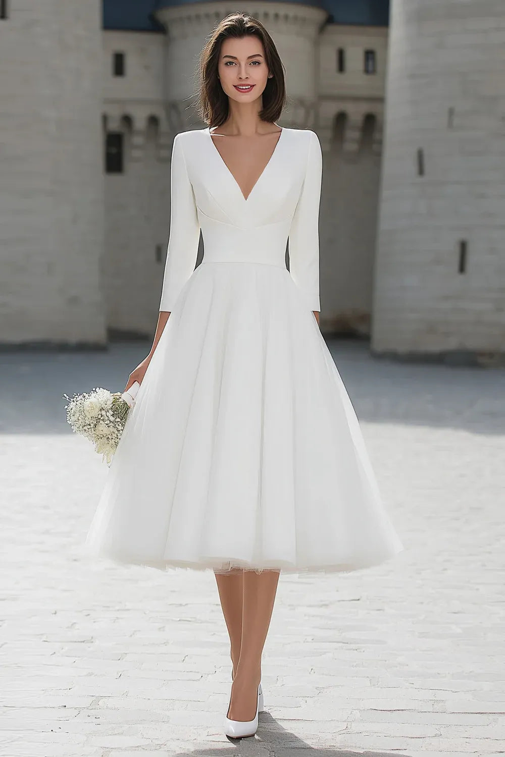 V-Neck Crepe and Tulle Tea-Length Wedding Dress with 3/4 Sleeves - Elegant Bridal Gown