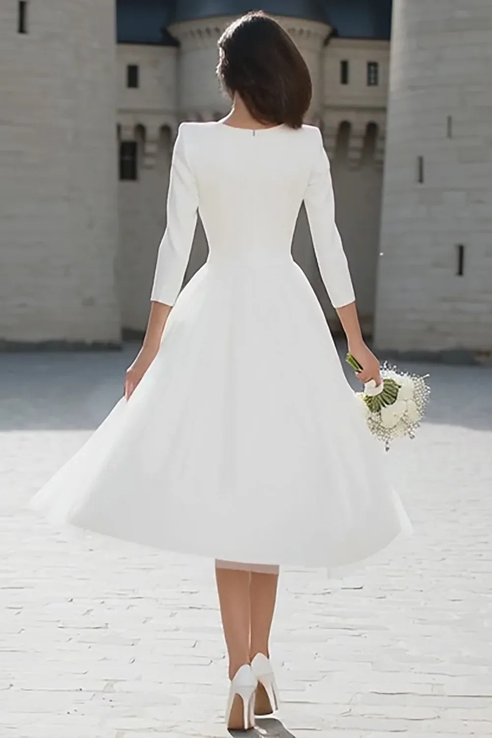 V-Neck Crepe and Tulle Tea-Length Wedding Dress with 3/4 Sleeves - Elegant Bridal Gown
