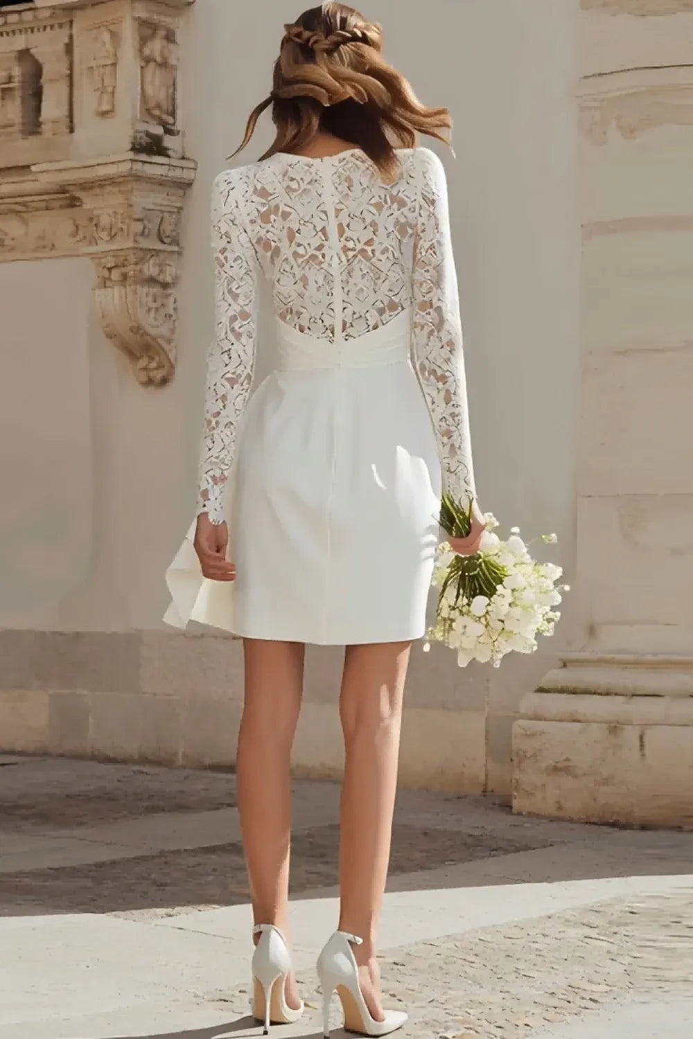 V-Neck Crepe and Tulle Tea-Length Wedding Dress with 3/4 Sleeves - Elegant Bridal Gown