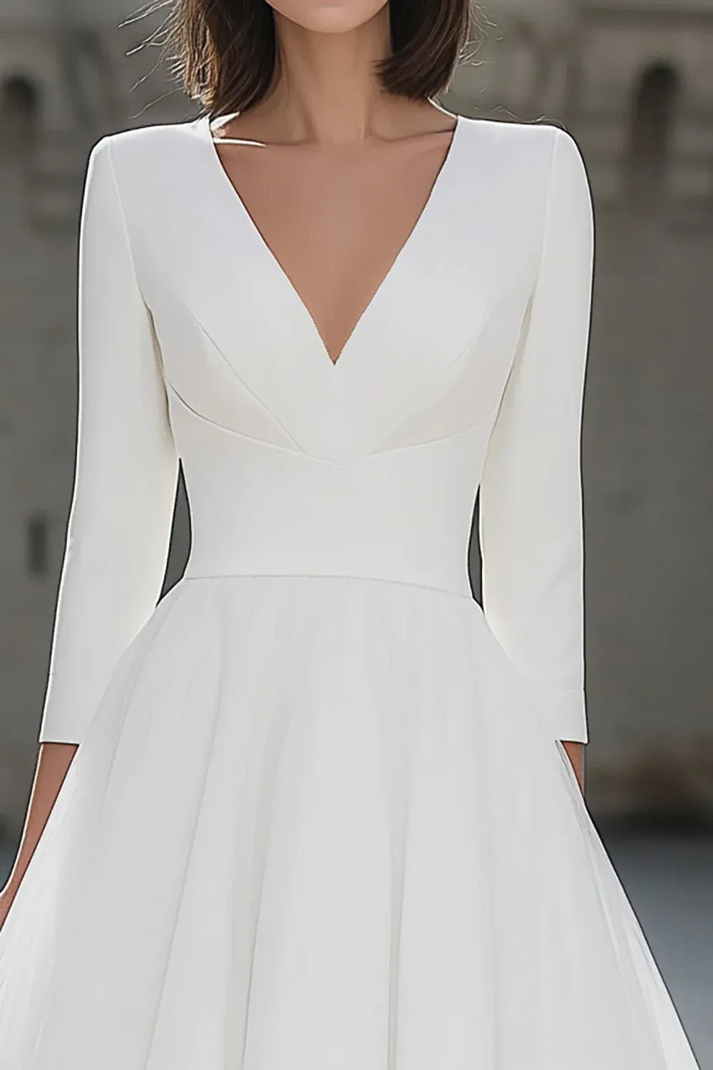 V-Neck Crepe and Tulle Tea-Length Wedding Dress with 3/4 Sleeves - Elegant Bridal Gown