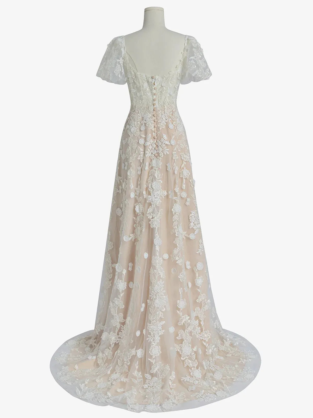 V-Neck Floral Lace A-Line Wedding Dress with Flutter Sleeves & Low Back - Romantic Garden Bridal Gown