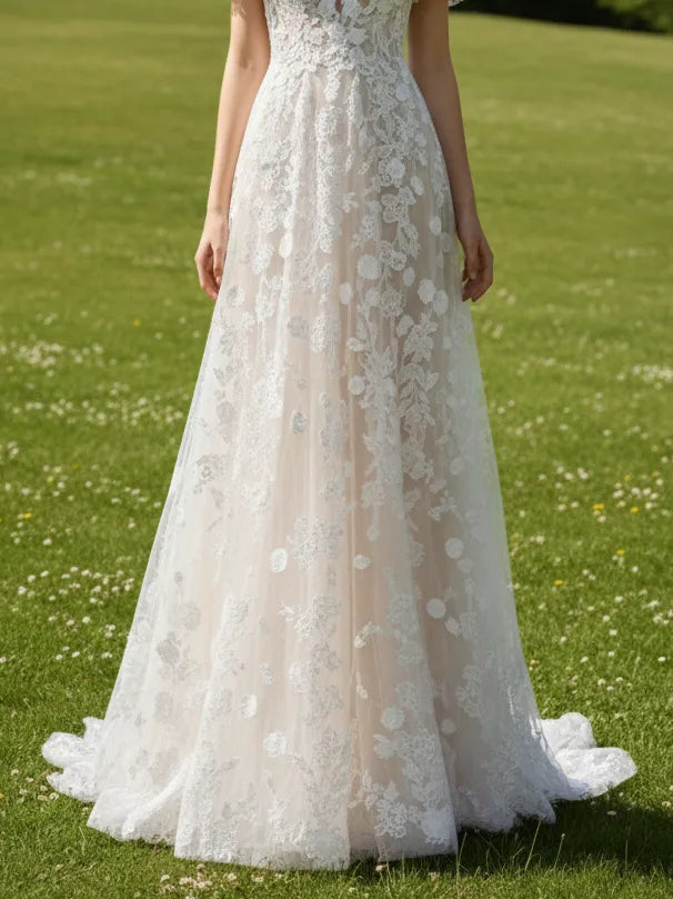 V-Neck Floral Lace A-Line Wedding Dress with Flutter Sleeves & Low Back - Romantic Garden Bridal Gown
