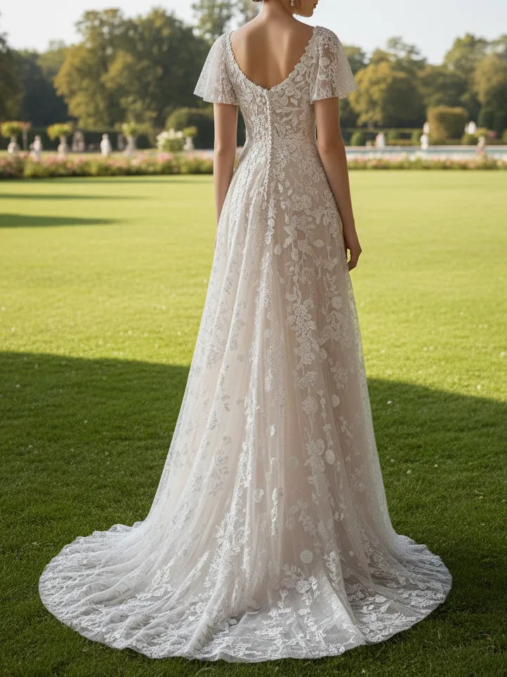 V-Neck Floral Lace A-Line Wedding Dress with Flutter Sleeves & Low Back - Romantic Garden Bridal Gown