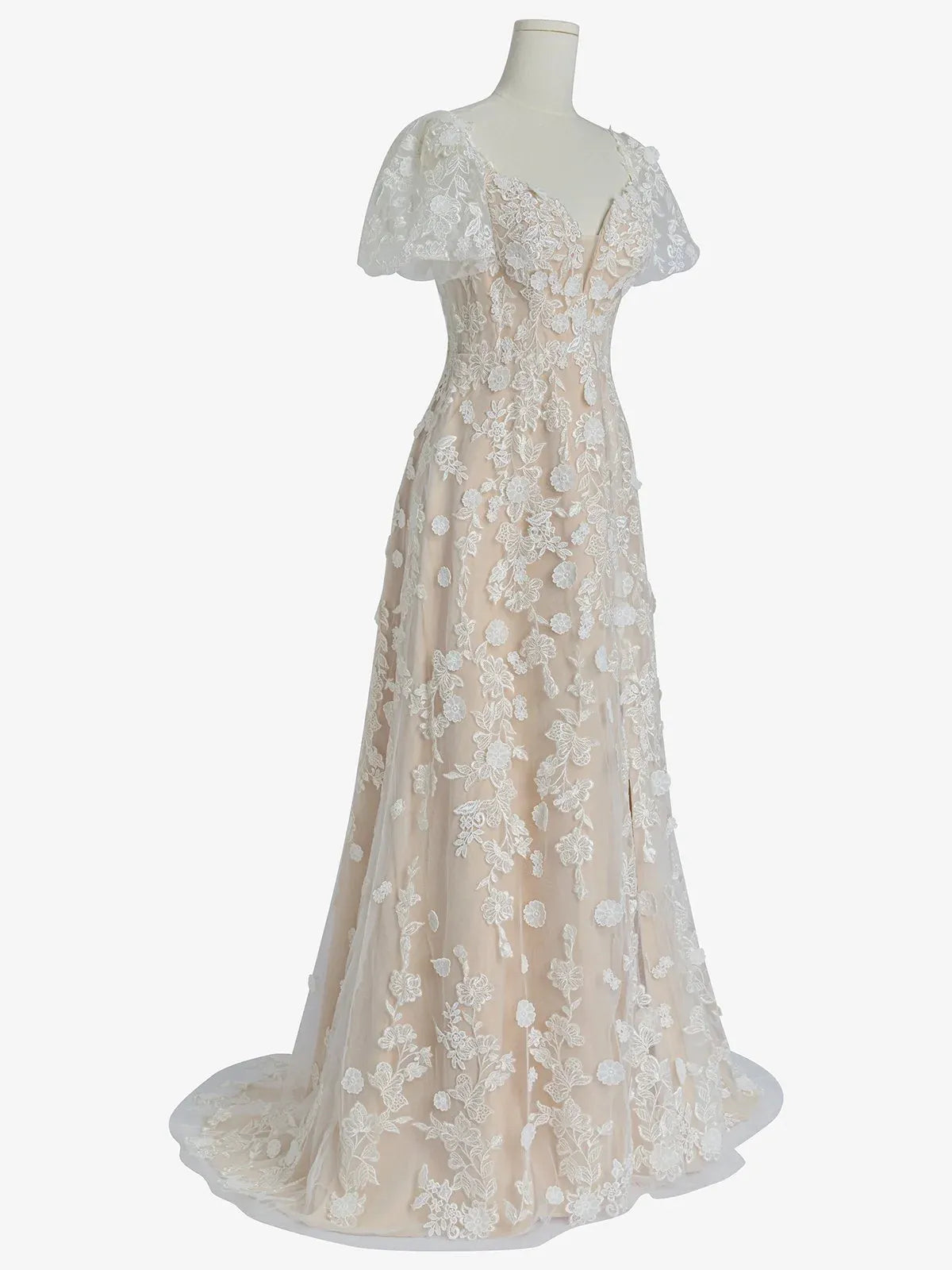 V-Neck Floral Lace A-Line Wedding Dress with Flutter Sleeves & Low Back - Romantic Garden Bridal Gown