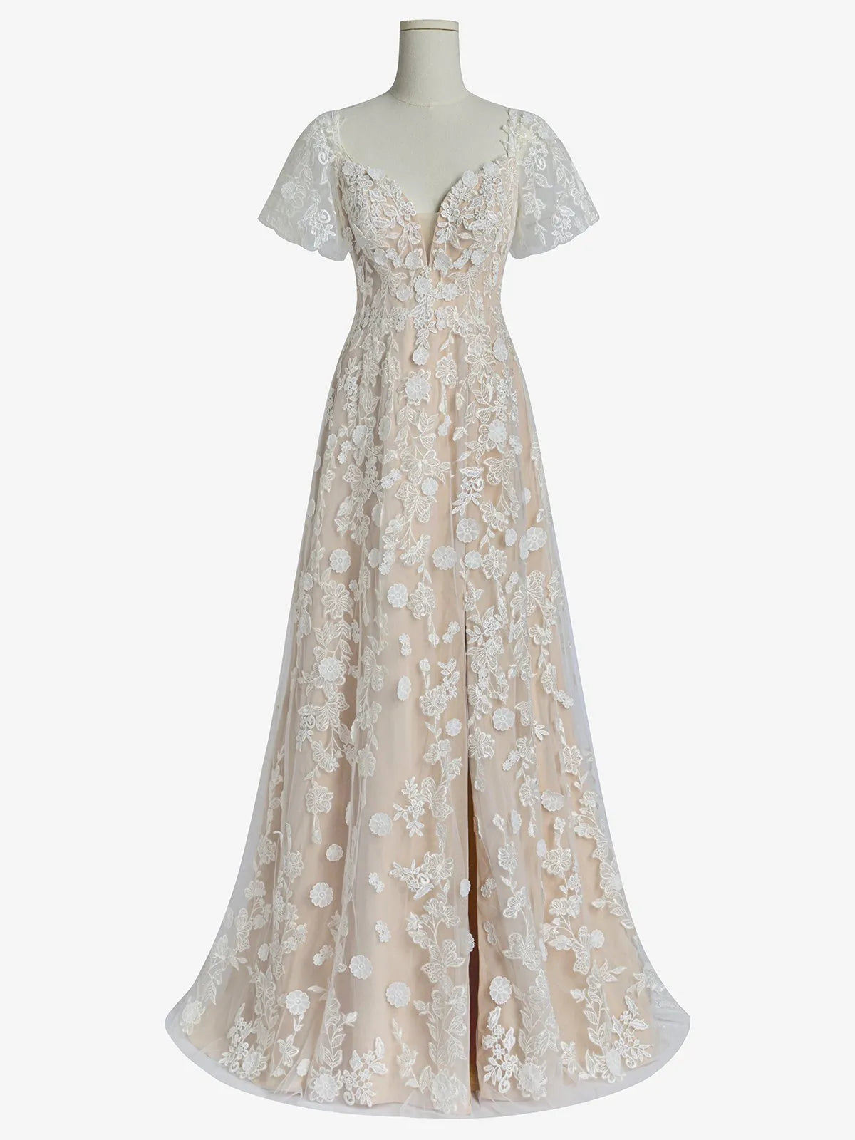 V-Neck Floral Lace A-Line Wedding Dress with Flutter Sleeves & Low Back - Romantic Garden Bridal Gown