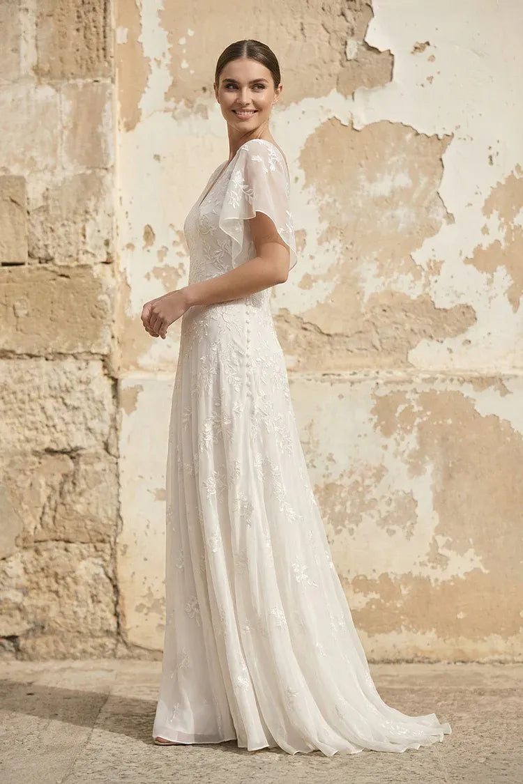 V-Neck Flutter Sleeve Lace & Chiffon A-Line Wedding Dress