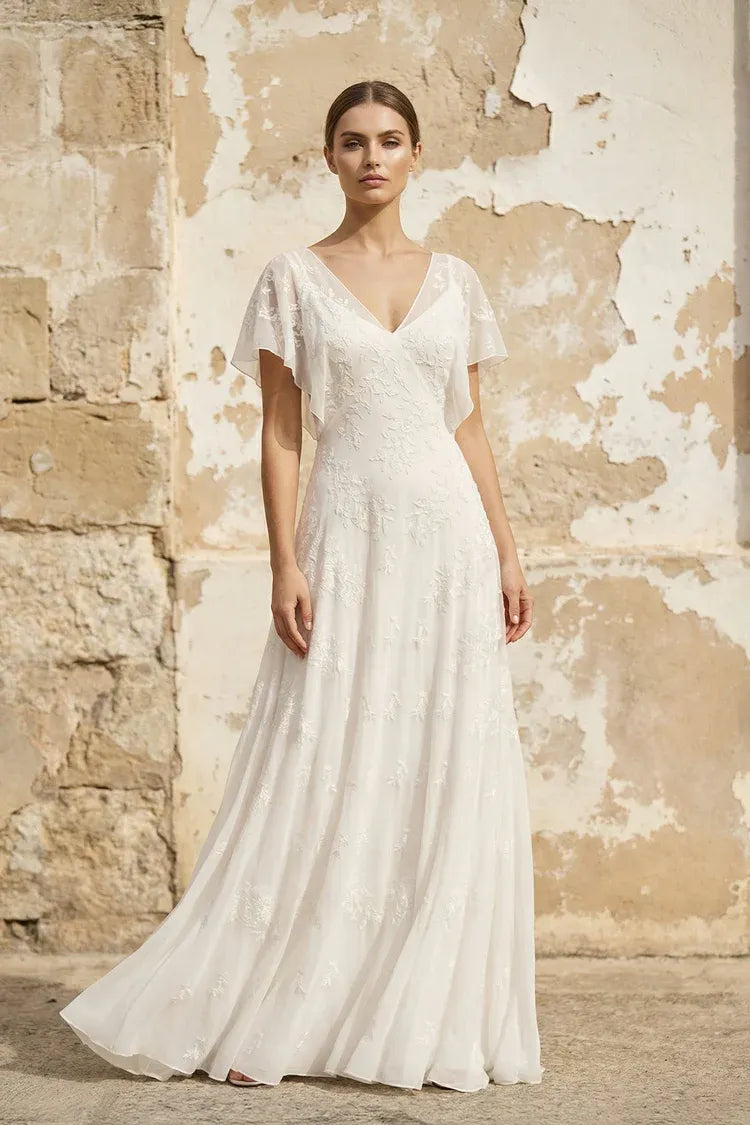 V-Neck Flutter Sleeve Lace & Chiffon A-Line Wedding Dress