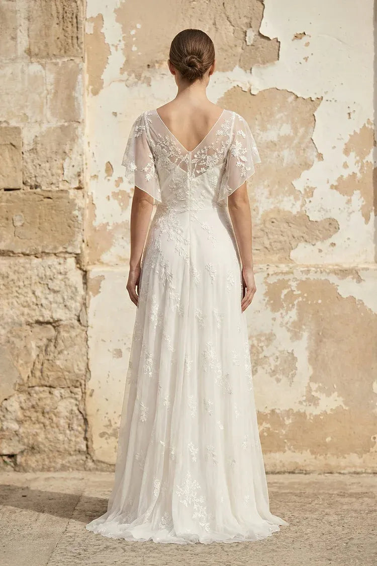 V-Neck Flutter Sleeve Lace & Chiffon A-Line Wedding Dress
