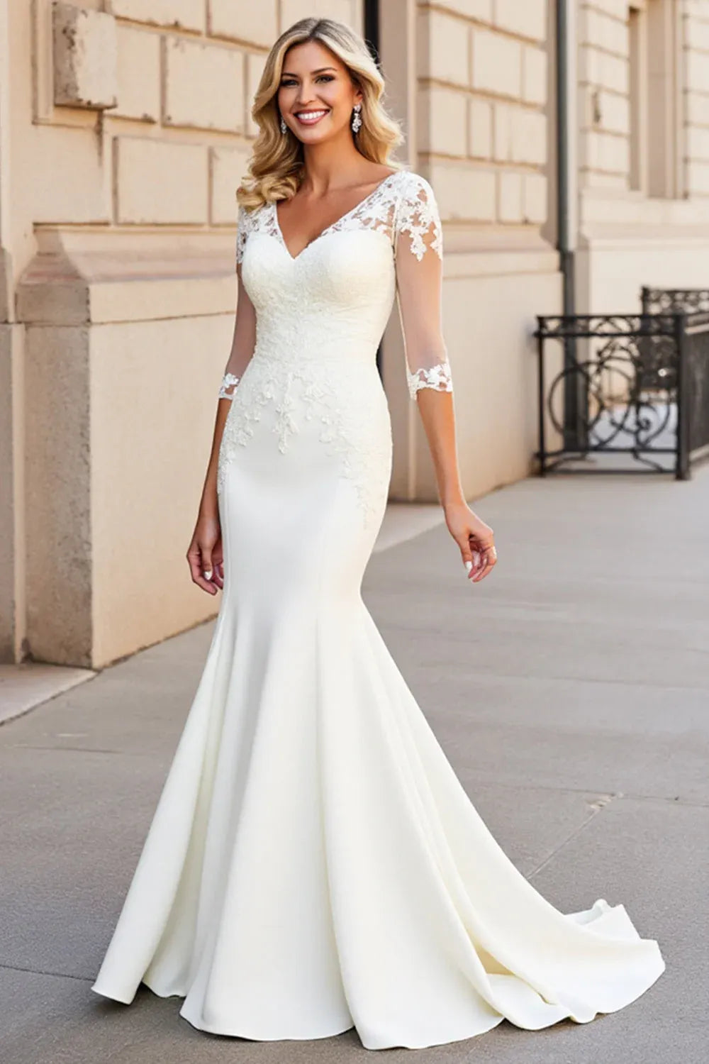 V-Neck Lace Mermaid Wedding Dress with Sheer Three-Quarter Sleeves - Romantic Bridal Gown