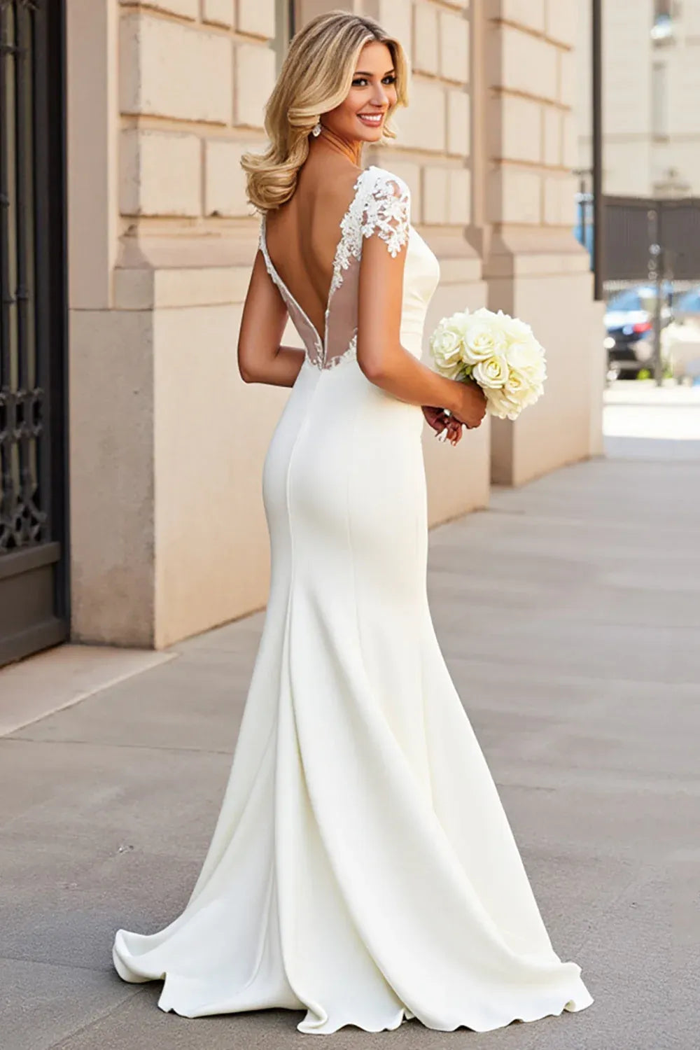 V-Neck Lace Mermaid Wedding Dress with Sheer Three-Quarter Sleeves - Romantic Bridal Gown
