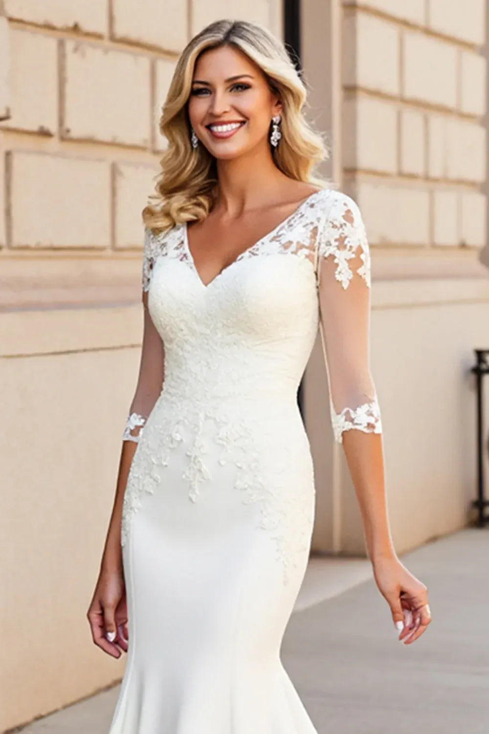 V-Neck Lace Mermaid Wedding Dress with Sheer Three-Quarter Sleeves - Romantic Bridal Gown