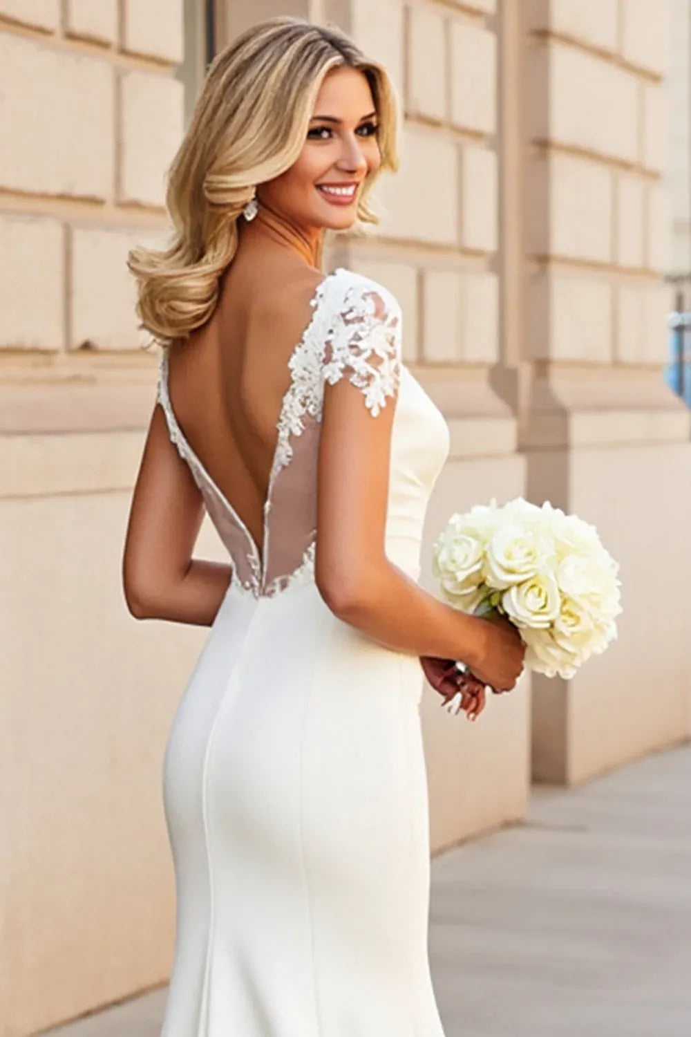V-Neck Lace Mermaid Wedding Dress with Sheer Three-Quarter Sleeves - Romantic Bridal Gown