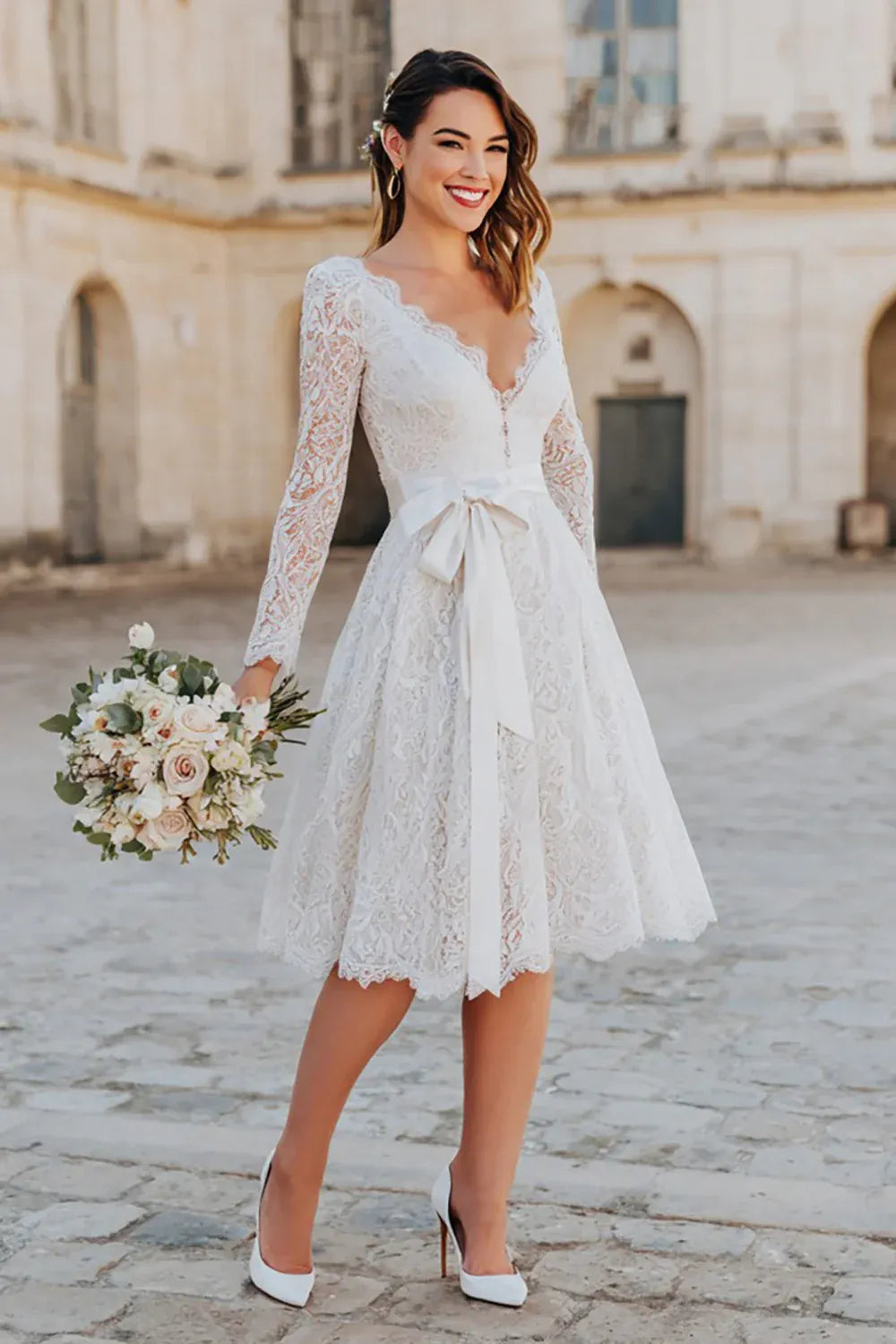 V-Neck Lace Tea-Length Wedding Dress with Long Sleeves & Satin Bow