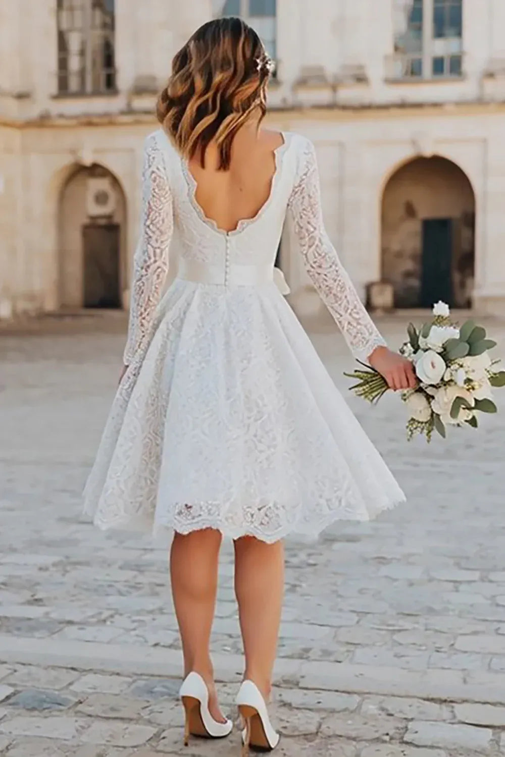 V-Neck Lace Tea-Length Wedding Dress with Long Sleeves & Satin Bow