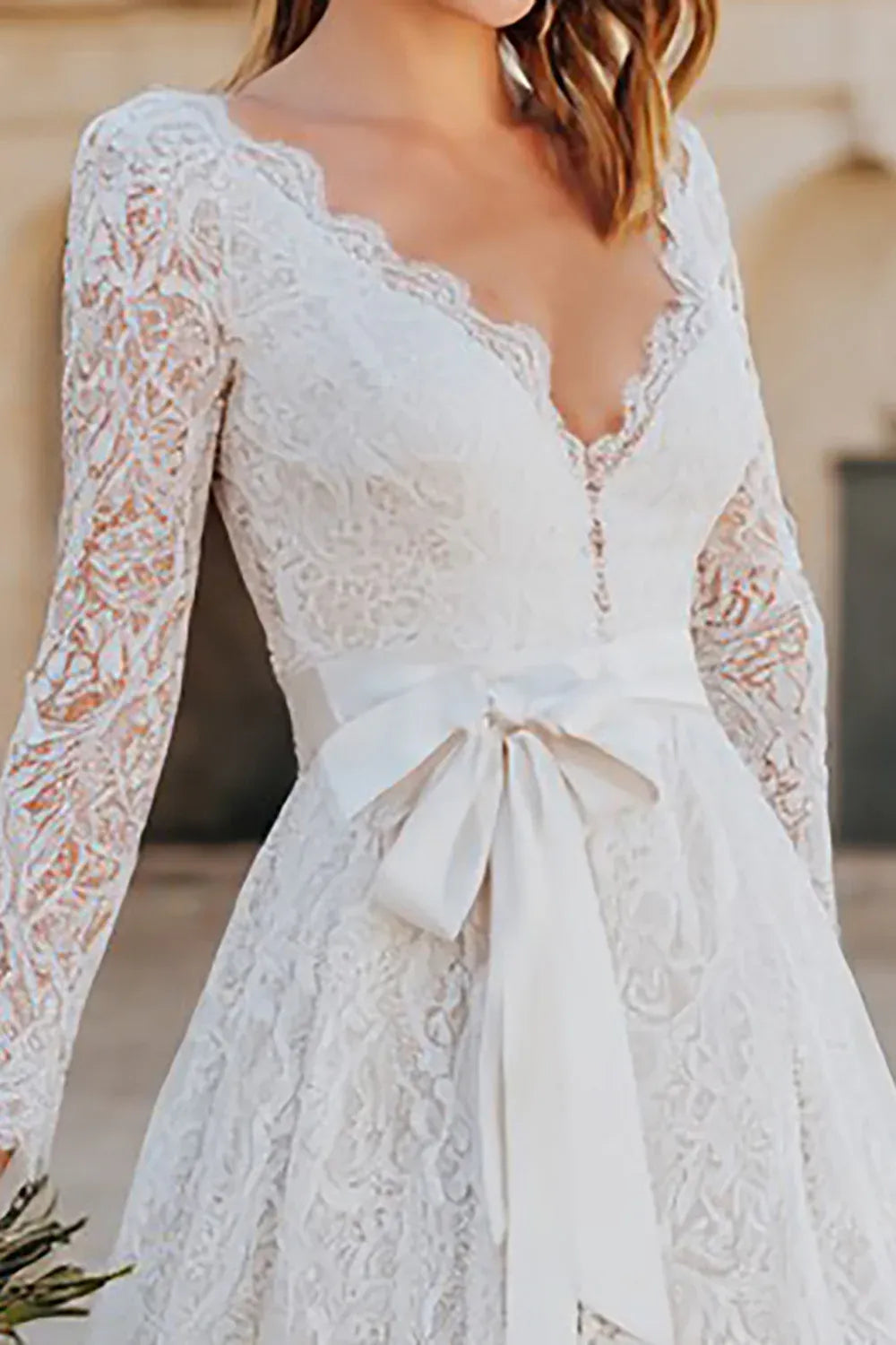 V-Neck Lace Tea-Length Wedding Dress with Long Sleeves & Satin Bow