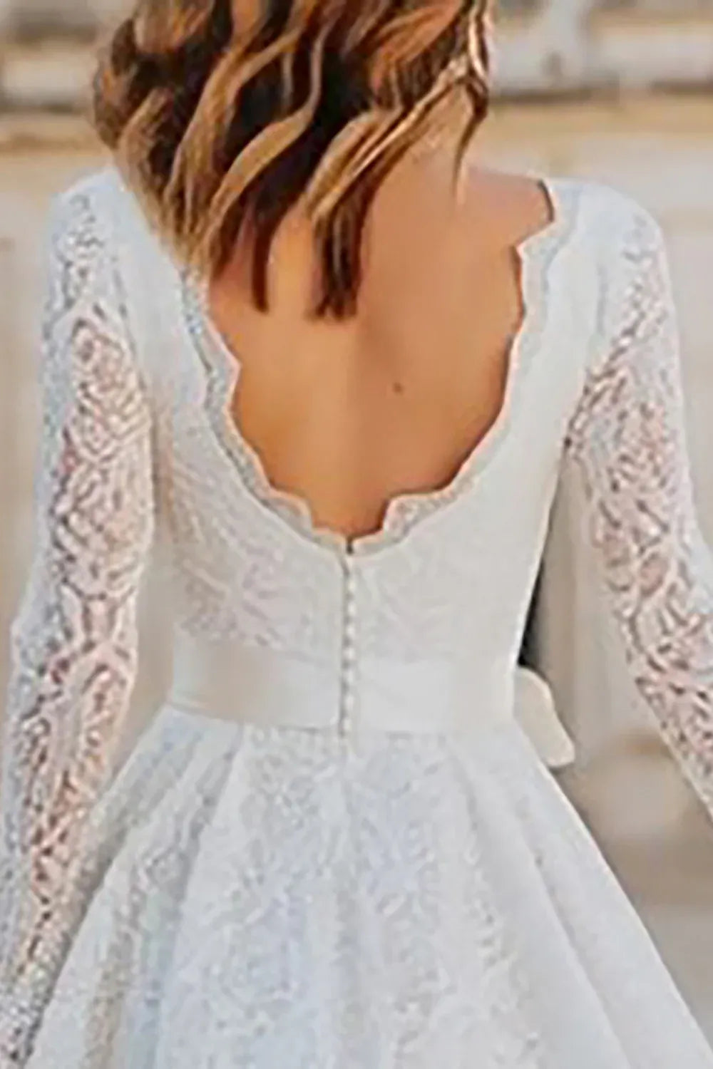 V-Neck Lace Tea-Length Wedding Dress with Long Sleeves & Satin Bow