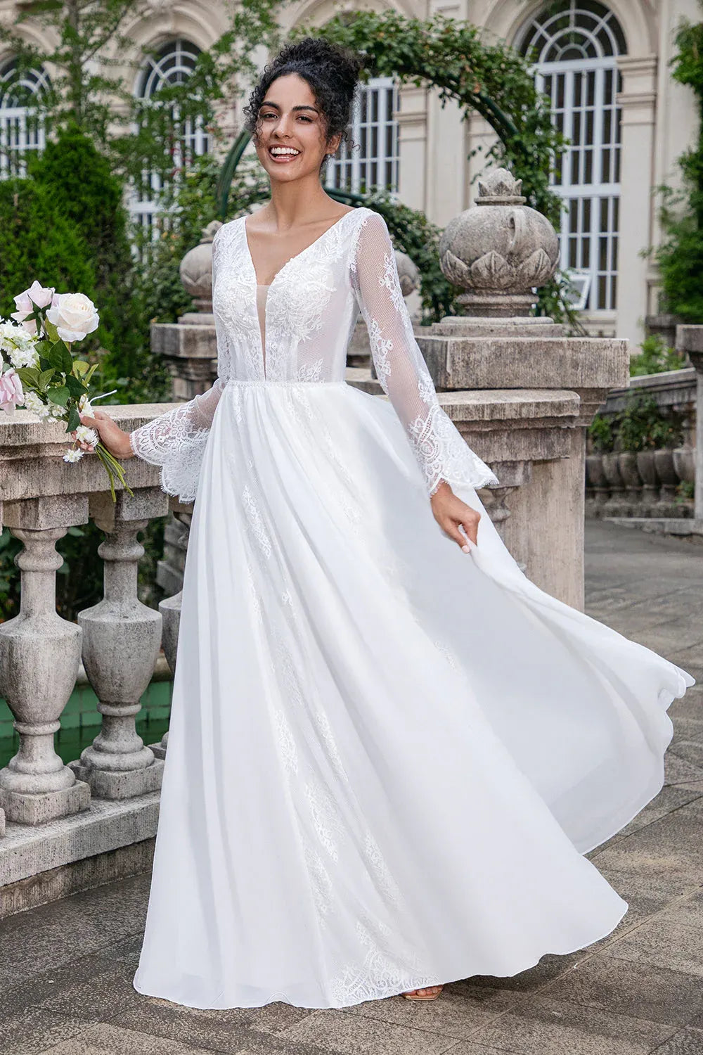 V-Neck Lace & Chiffon A-Line Wedding Dress with Long Bell Sleeves