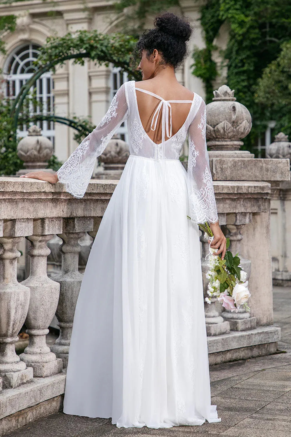 V-Neck Lace & Chiffon A-Line Wedding Dress with Long Bell Sleeves