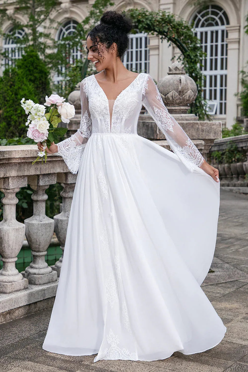 V-Neck Lace & Chiffon A-Line Wedding Dress with Long Bell Sleeves