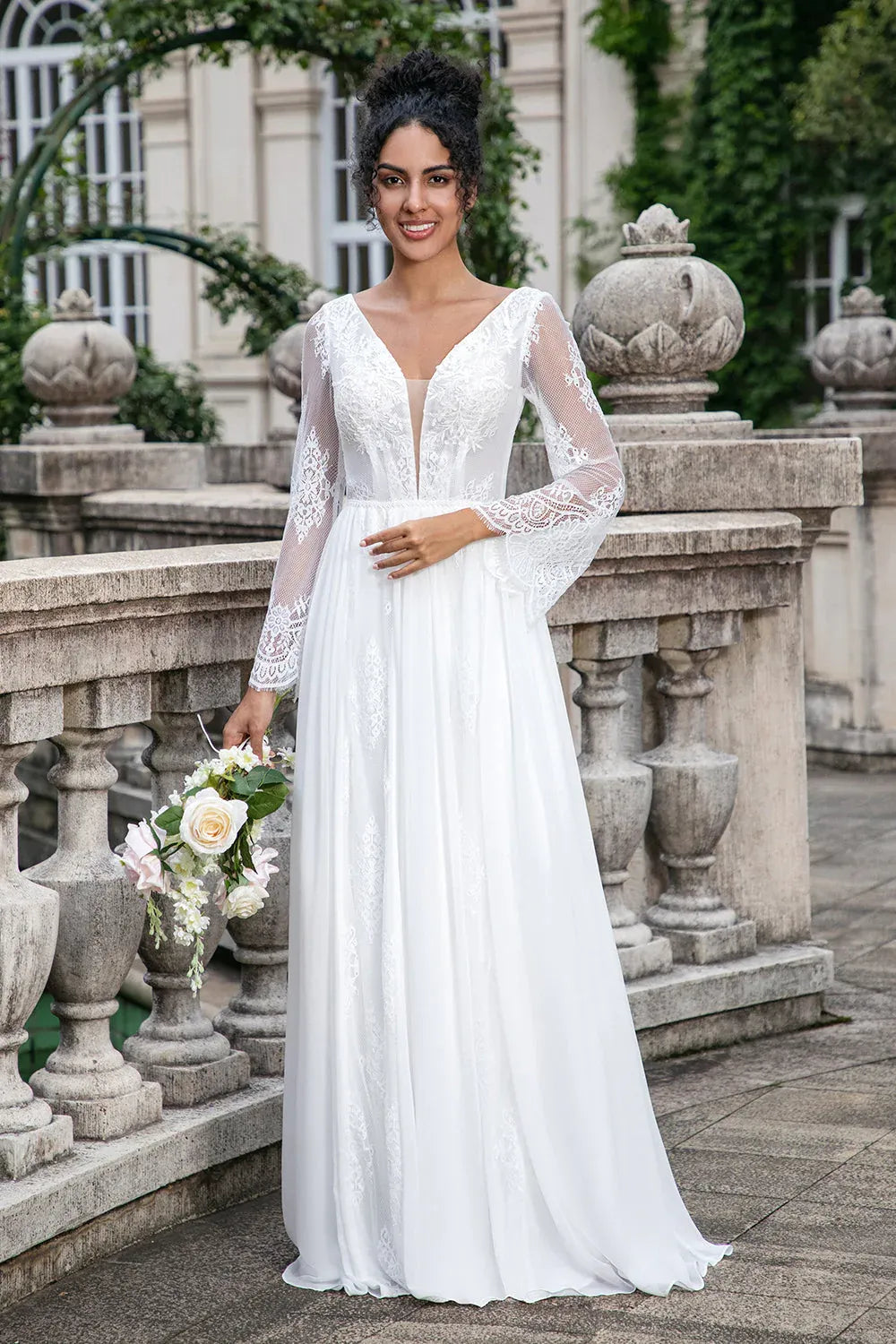 V-Neck Lace & Chiffon A-Line Wedding Dress with Long Bell Sleeves