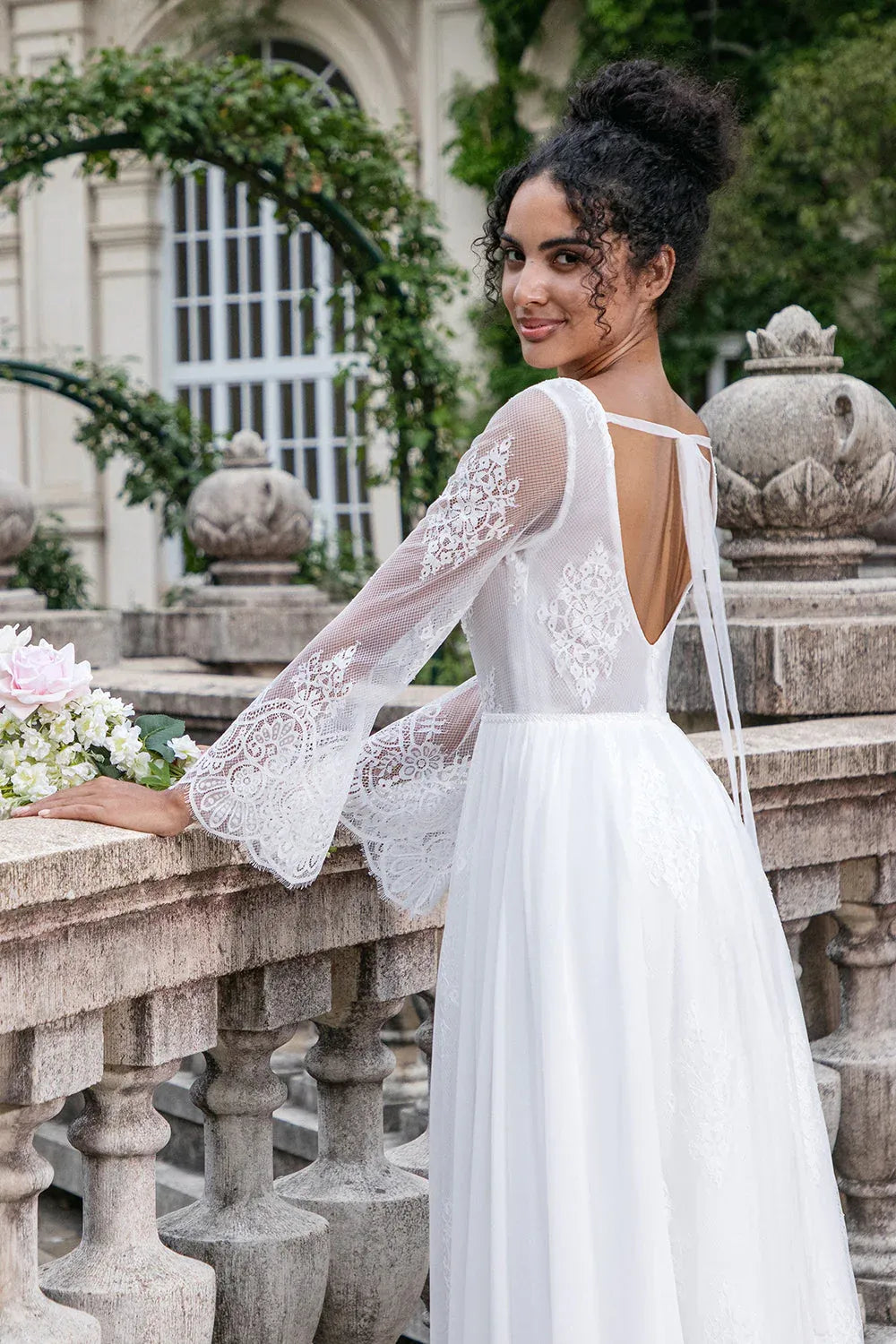 V-Neck Lace & Chiffon A-Line Wedding Dress with Long Bell Sleeves