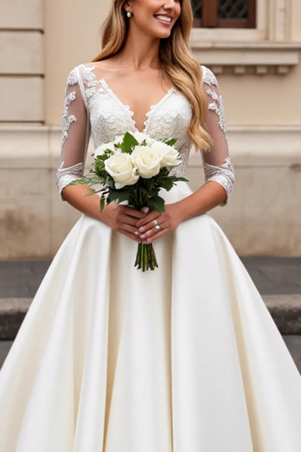 V-Neck Lace & Satin Ball Gown Wedding Dress with Illusion Sleeves
