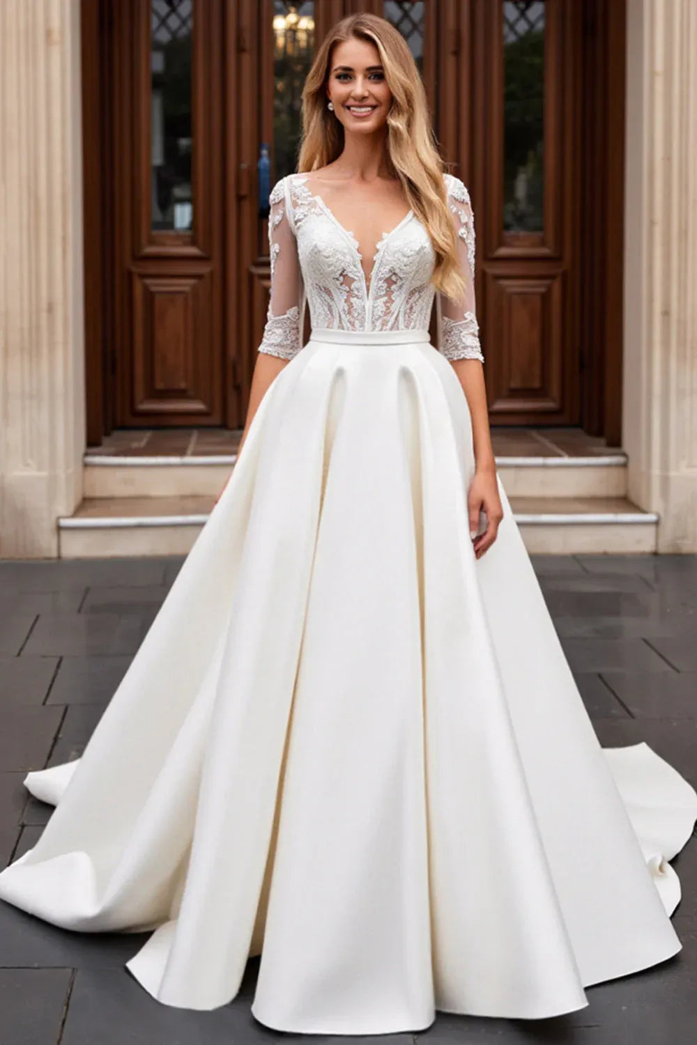 V-Neck Lace & Satin Ball Gown Wedding Dress with Illusion Sleeves