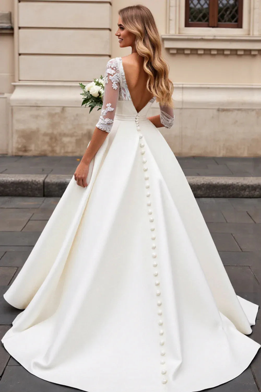 V-Neck Lace & Satin Ball Gown Wedding Dress with Illusion Sleeves