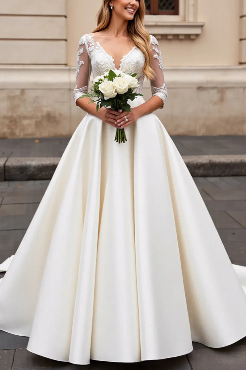 V-Neck Lace & Satin Ball Gown Wedding Dress with Illusion Sleeves