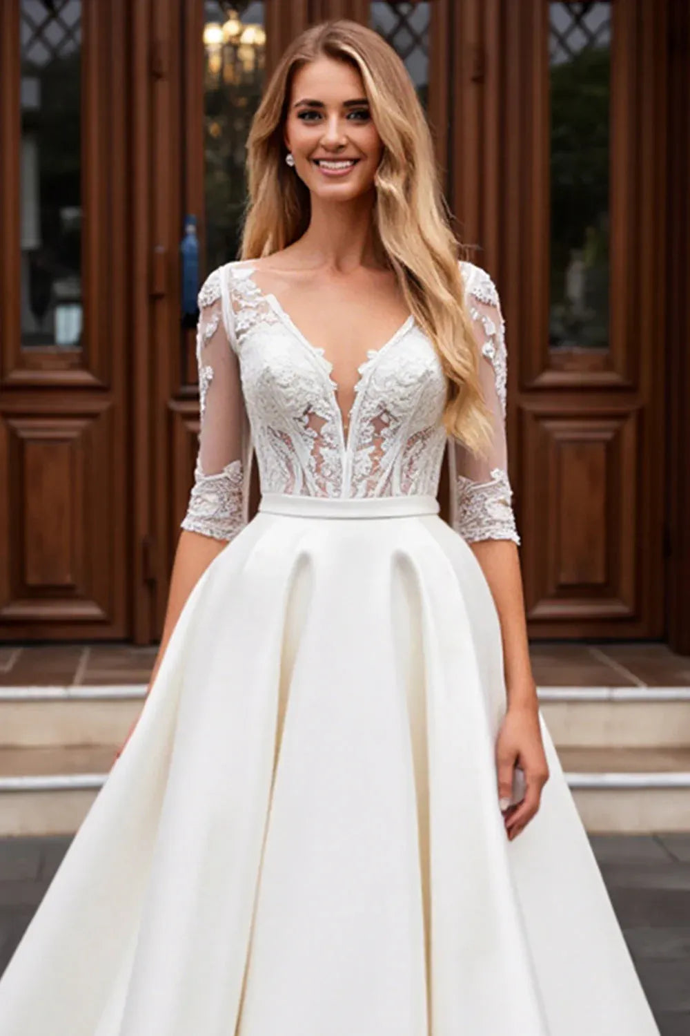 V-Neck Lace & Satin Ball Gown Wedding Dress with Illusion Sleeves